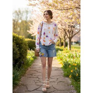 Candace Cameron Bure Splatter Paint Floral Hoodie - Half Zip - Small